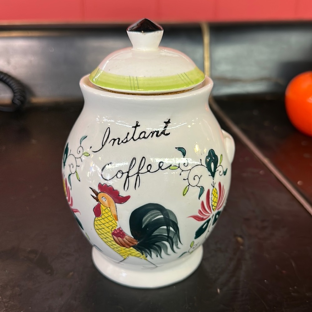 Vintage lidded made in Japan Rooster Instant Coffee canister with spoon holder.